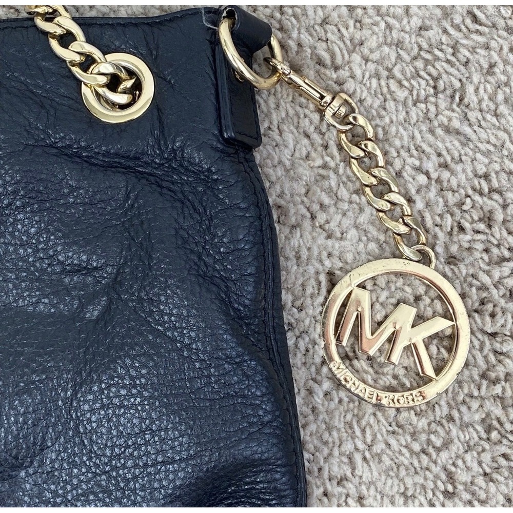 Michael Kors Shoulder Bag Black Leather Slouchy Chain MK Charm Gold Tone Purse - Picture 6 of 12